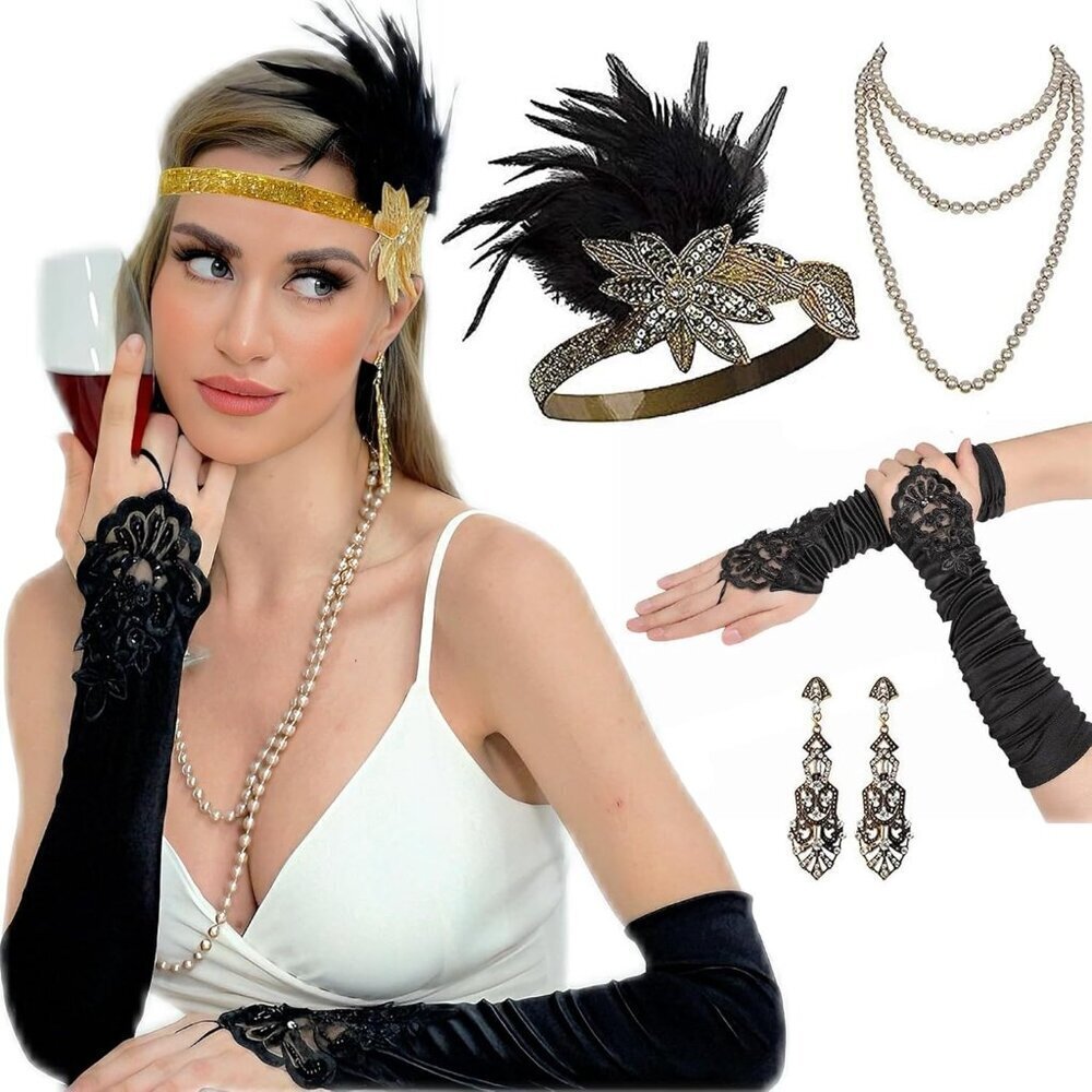 1920s Flapper Costume Accessories Set Headband Necklace Gloves Vintage